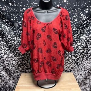 Edgy Chic: Eyelash Couture Red & Black Skull Print Blouse - size Large